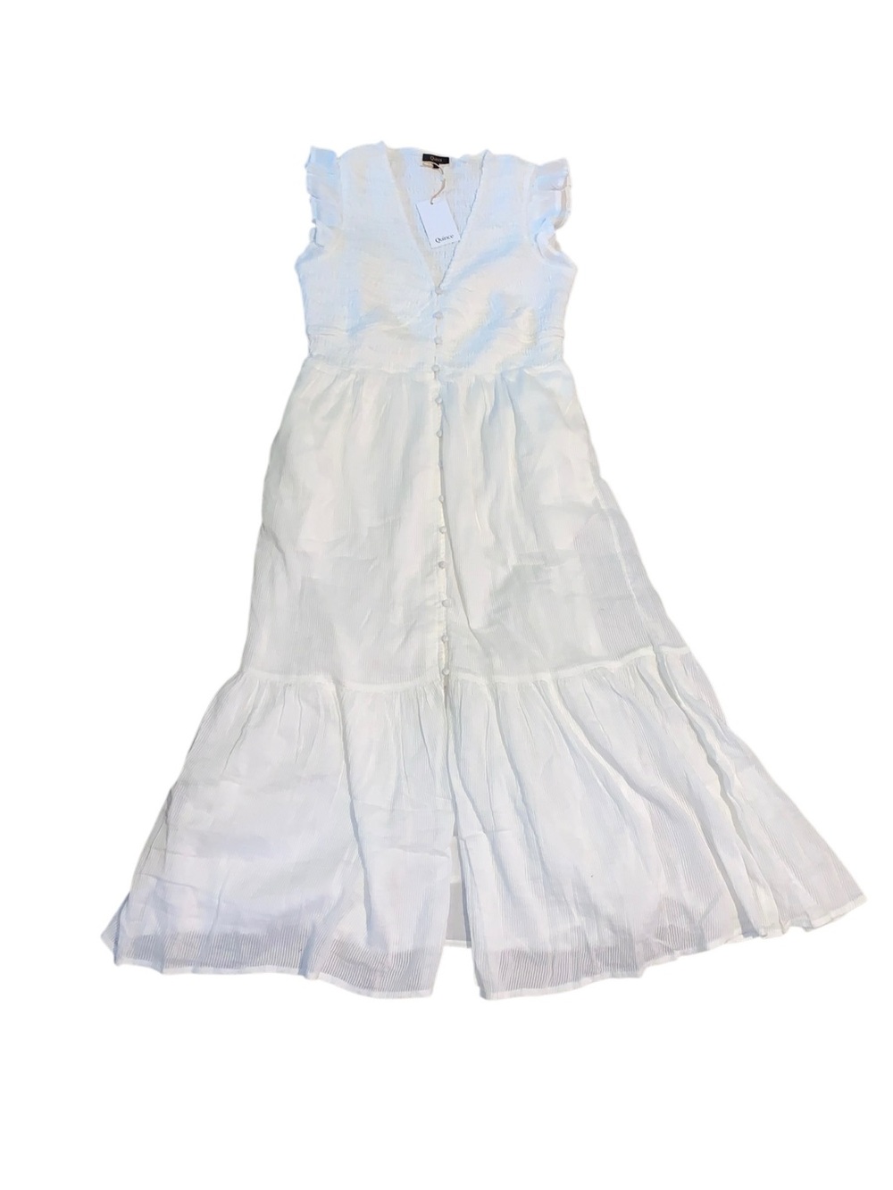 Quince Organic Textured Cotton Smocked V-Neck Midi Dress White Medium NWT